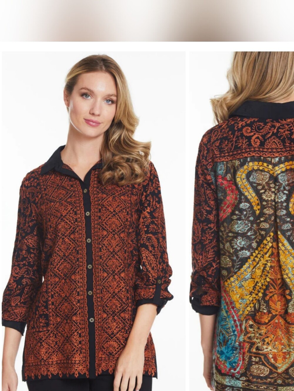 John Mark Women's Black & Rust Patterned Button-Front Tunic Top EUC Size XL